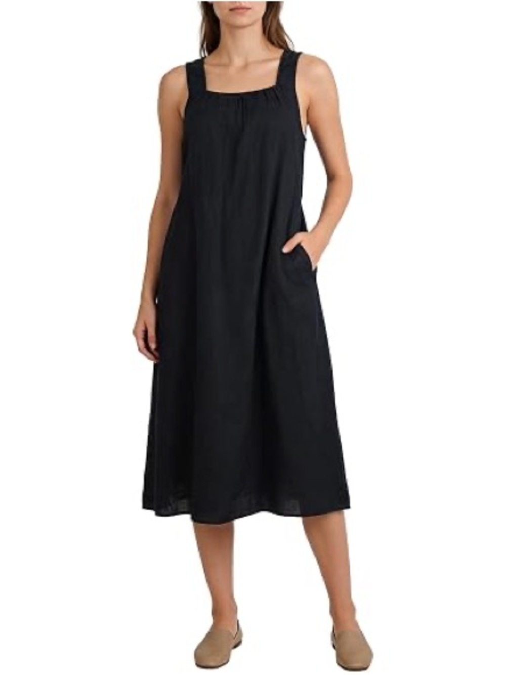 Amazhiyu Black 100% Linen Square Neck Midi Dress Sleeveless A-Line Pockets S